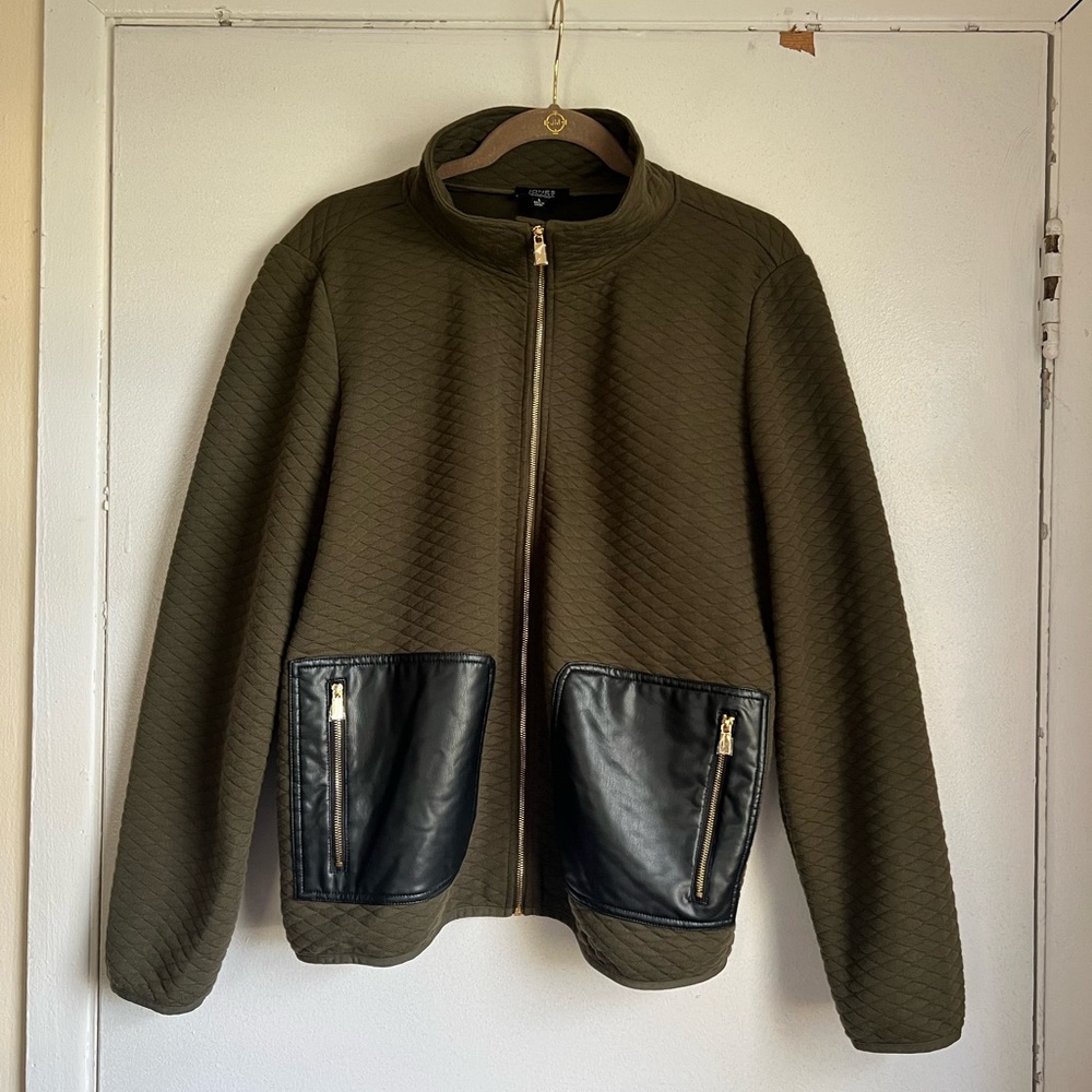 Jones New York Olive Quilted Jacket with Faux Leather Pockets Size Large Classic